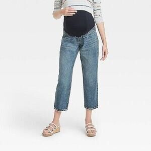 Isabel Maternity | Vintage Straight Medium Wash Full Panel Blue Denim Crop Jeans